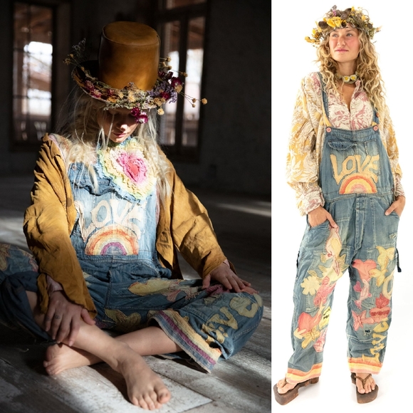New Magnolia Pearl Love Applique Overalls Woodstock 032 Overall Denim Jeans jean - Picture 5 of 17